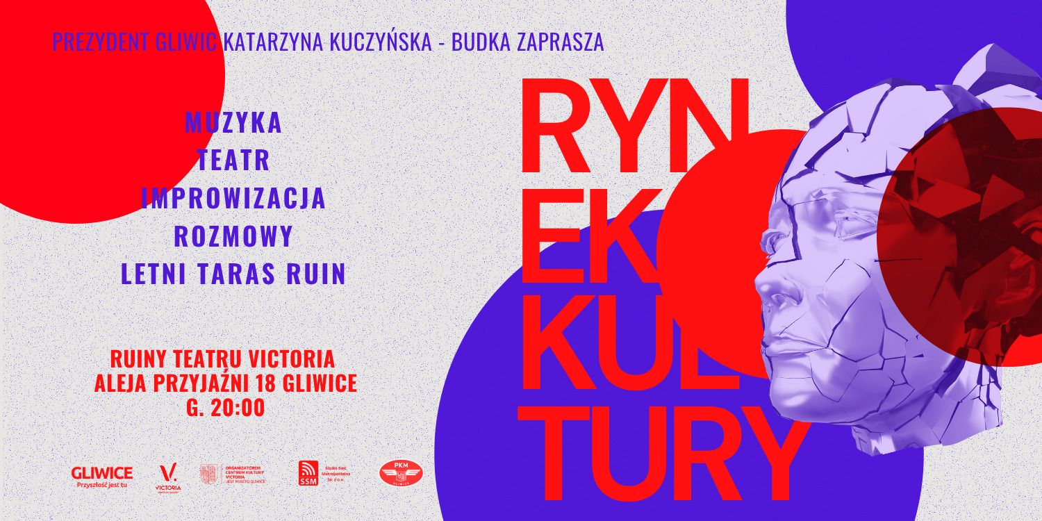 Grafika wydarzenia Rynek Kultury. Graficzna głowa, okręgi i napisy. Kolory: czerwony, granatowy